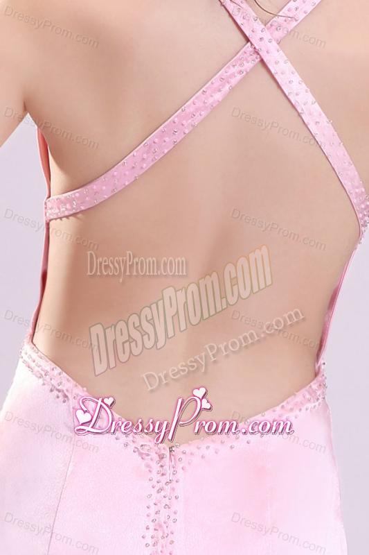 Elegant Pink Column Halter Brush Train Criss Cross Elastic Woven Satin Prom Dress with Bea
