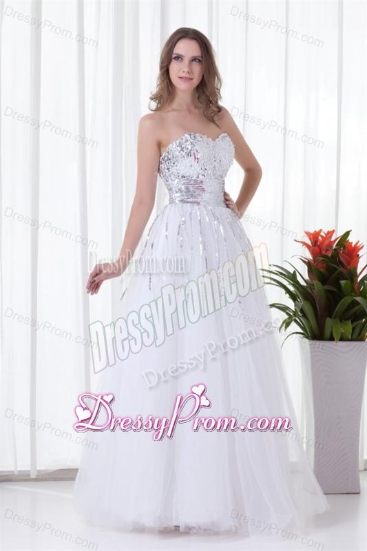 Elegant White A-line Sweetheart Tulle Foor-length Paillette Prom Dress