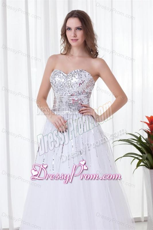 Elegant White A-line Sweetheart Tulle Foor-length Paillette Prom Dress