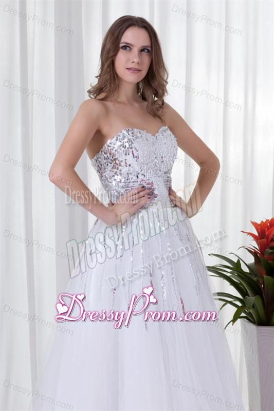 Elegant White A-line Sweetheart Tulle Foor-length Paillette Prom Dress