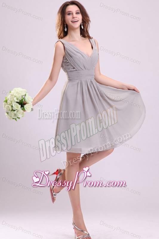 Empire Gray V-neck Ruching Chiffon Knee-length Prom Dress