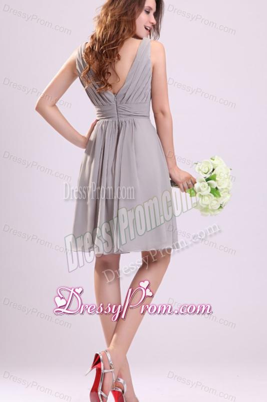 Empire Gray V-neck Ruching Chiffon Knee-length Prom Dress