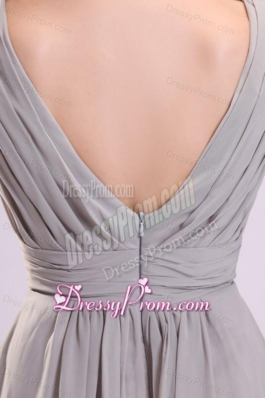 Empire Gray V-neck Ruching Chiffon Knee-length Prom Dress