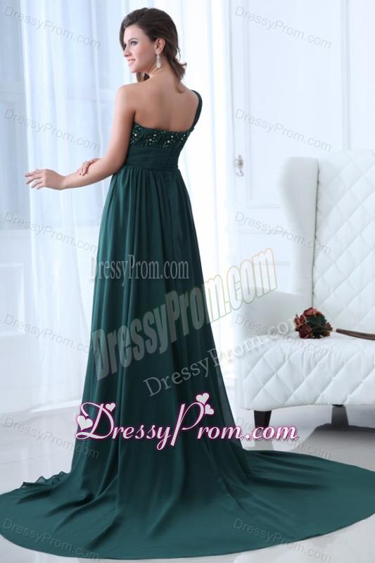 Empire Green One Shoulder Beading and Ruching Prom Dress