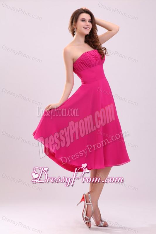 Empire Hot Pink Strapless Ruching Chiffon 2013 Prom Dress