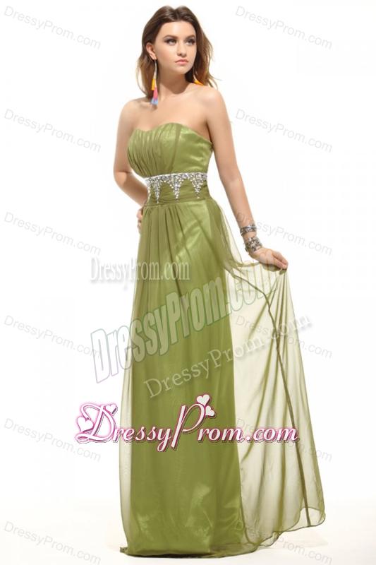 Empire Olive Green Strapless Beading and Ruching Prom Dress