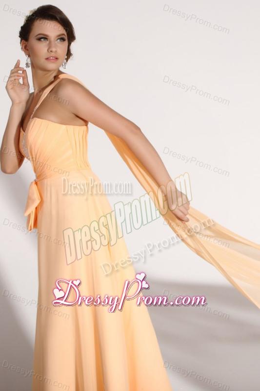 Light Yellow One Shoulder Appliques Chiffon Prom Dress