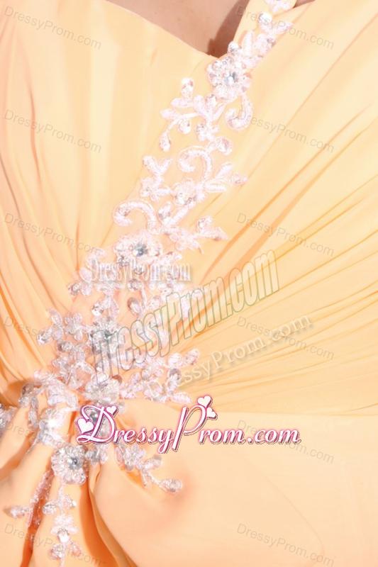 Light Yellow One Shoulder Appliques Chiffon Prom Dress