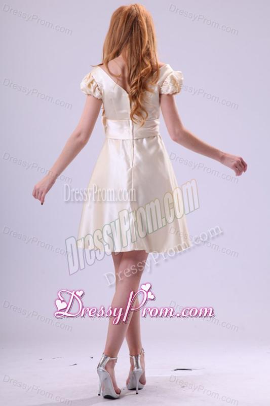 Light Yellow V-neck Cap Sleeves Bow Ruching Prom Dress