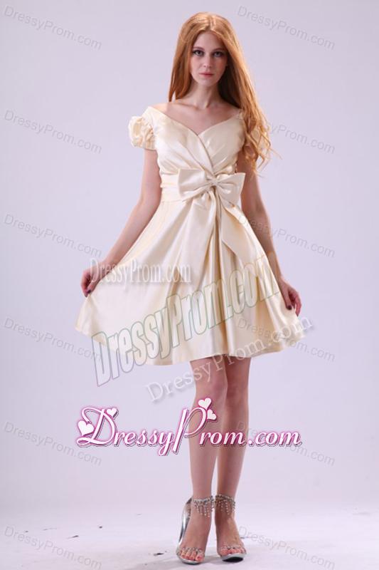 Light Yellow V-neck Cap Sleeves Bow Ruching Prom Dress
