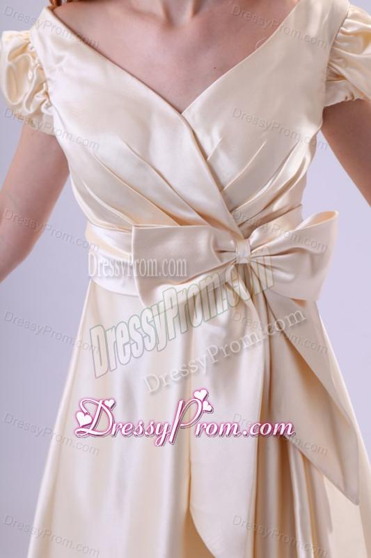 Light Yellow V-neck Cap Sleeves Bow Ruching Prom Dress