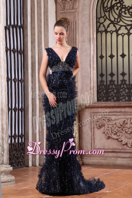 Luxurious Mermaid V-neck Navy Blue Beading Brush Train Prom Dress