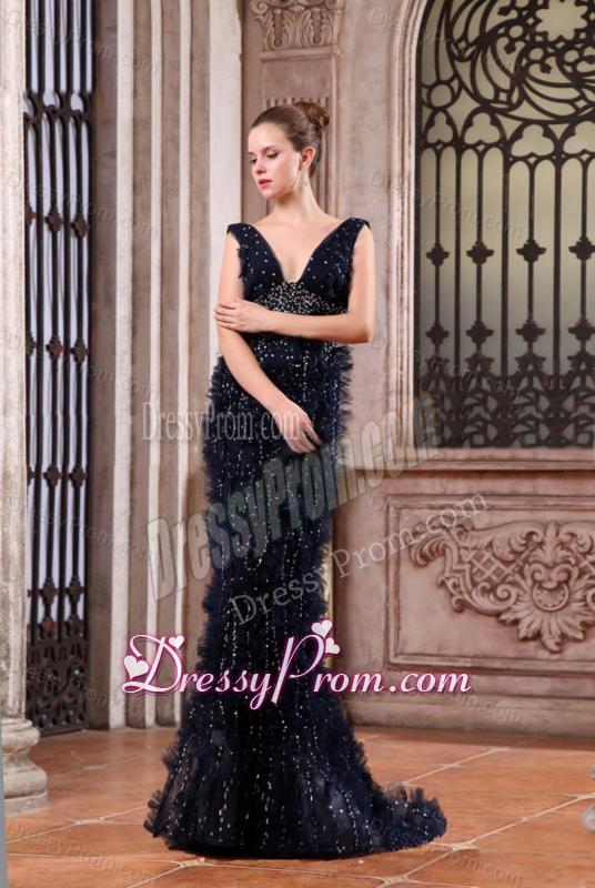 Luxurious Mermaid V-neck Navy Blue Beading Brush Train Prom Dress