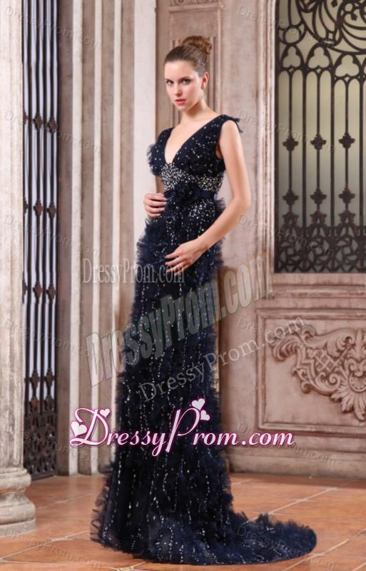 Luxurious Mermaid V-neck Navy Blue Beading Brush Train Prom Dress