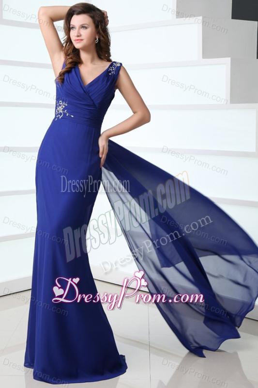 Mermaid Royal Blue V-neck Beading and Ruching Prom Dress