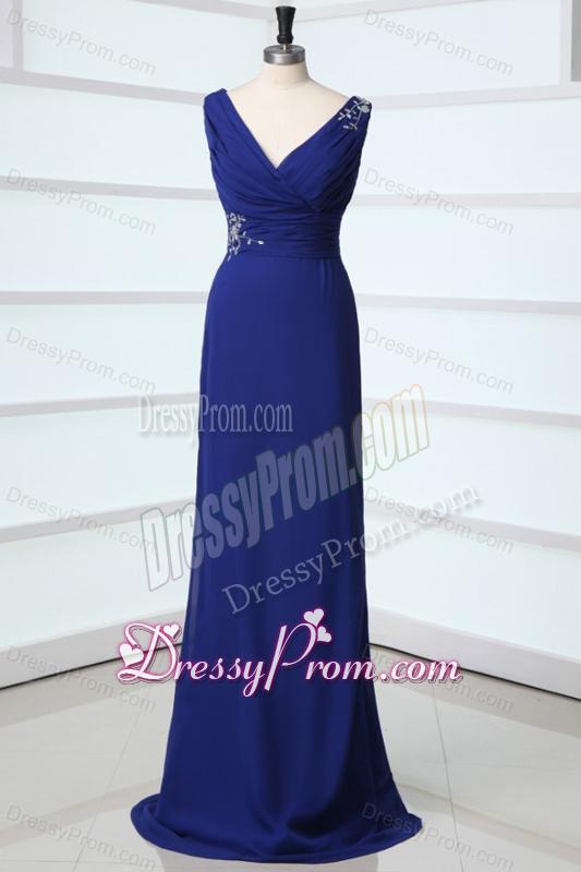 Mermaid Royal Blue V-neck Beading and Ruching Prom Dress