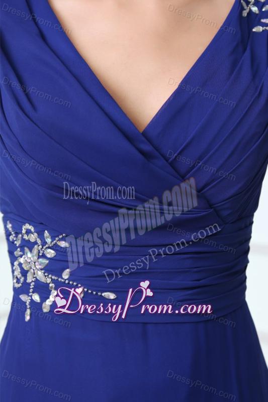 Mermaid Royal Blue V-neck Beading and Ruching Prom Dress