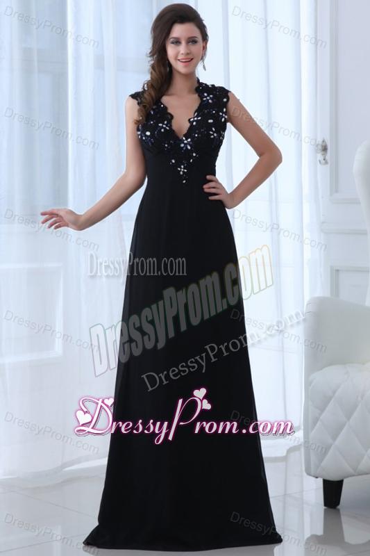 Navy Blue Empire V-neck Floor-length Appliques Chiffon Prom Dress with Open Back