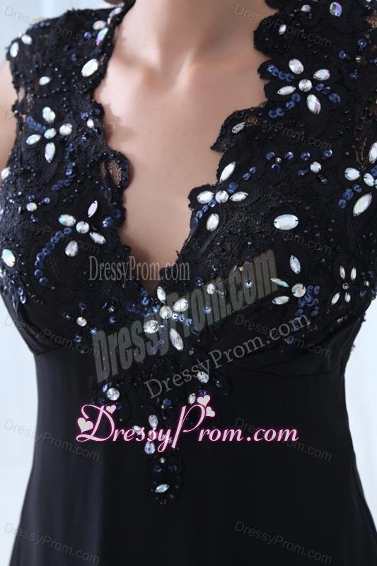 Navy Blue Empire V-neck Floor-length Appliques Chiffon Prom Dress with Open Back