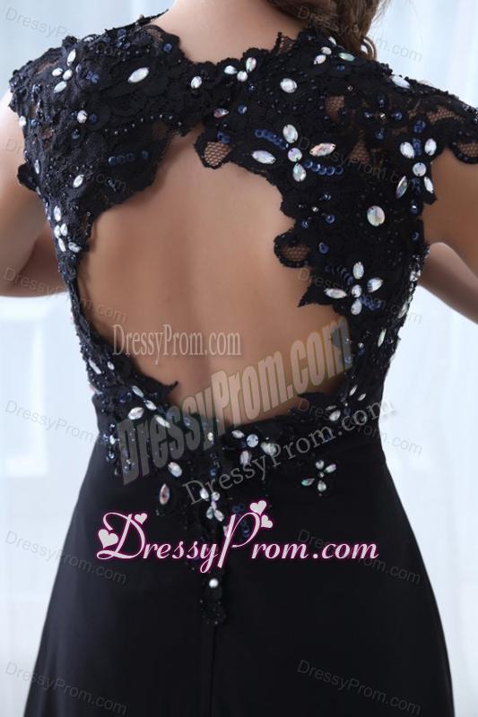 Navy Blue Empire V-neck Floor-length Appliques Chiffon Prom Dress with Open Back