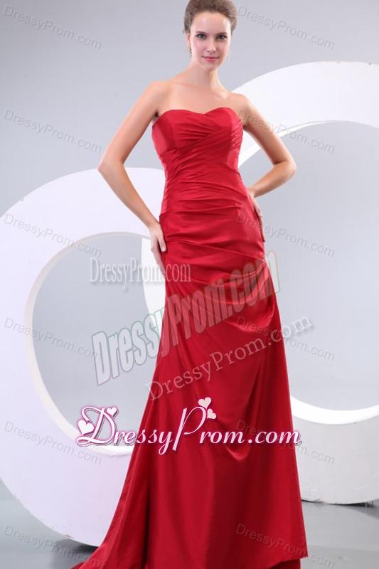 Red Column Sweetheart Brush Train Affordable Ruching Prom Dress with Lace Up