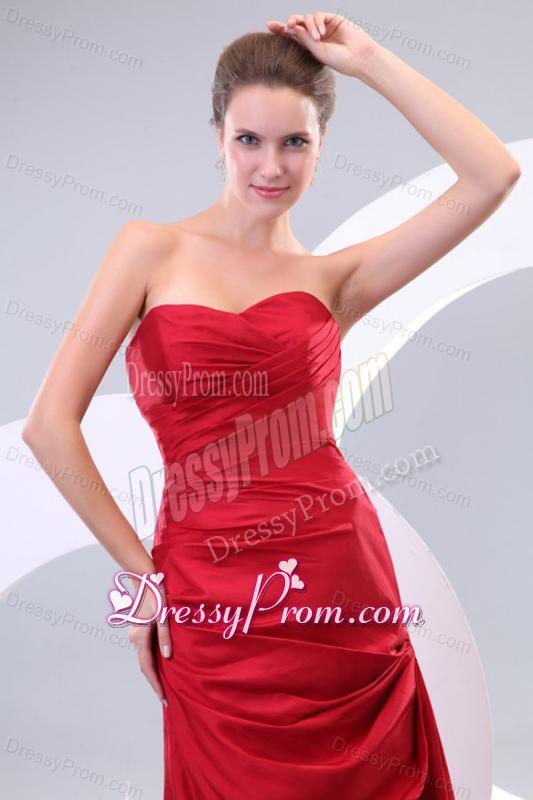 Red Column Sweetheart Brush Train Affordable Ruching Prom Dress with Lace Up