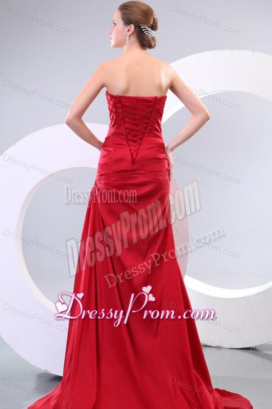 Red Column Sweetheart Brush Train Affordable Ruching Prom Dress with Lace Up
