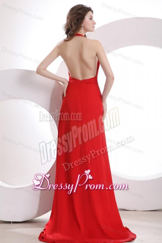 Simple Empire Halter Chiffon Red Brush Train Prom Dress