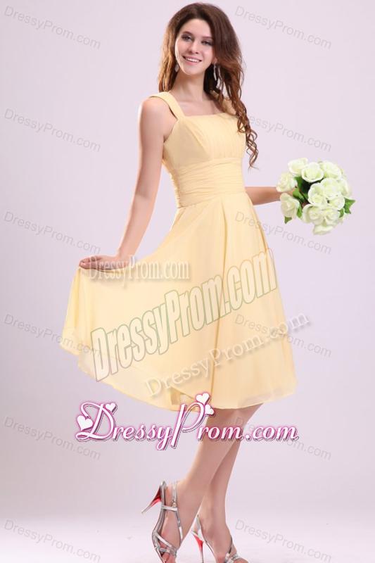 Simple Yellow Bridesmaid Dress with A-line Straps Tea-length