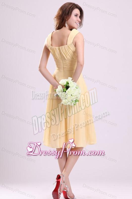 Simple Yellow Bridesmaid Dress with A-line Straps Tea-length