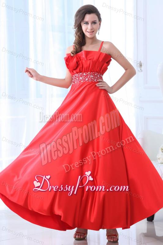 Taffeta Red Empire One Shoulder Ankle-length Beading Prom Dress