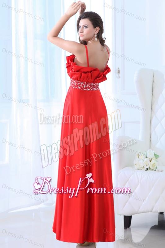 Taffeta Red Empire One Shoulder Ankle-length Beading Prom Dress