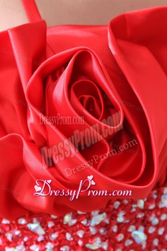 Taffeta Red Empire One Shoulder Ankle-length Beading Prom Dress