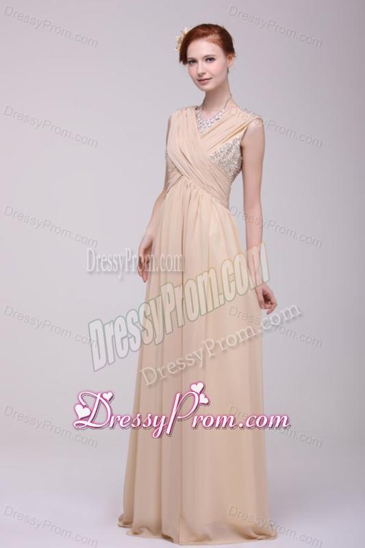V-neck Empire Chiffon Beaded Decorate Brush Train Prom Dress