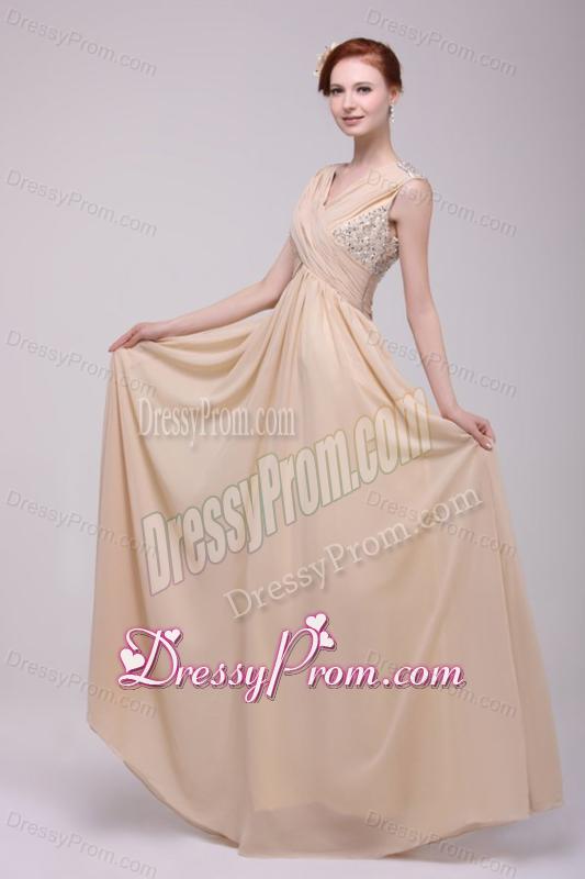 V-neck Empire Chiffon Beaded Decorate Brush Train Prom Dress