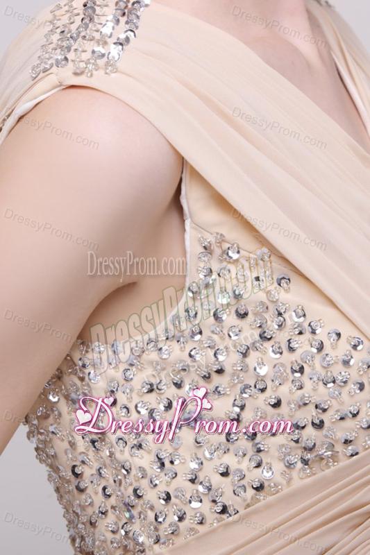 V-neck Empire Chiffon Beaded Decorate Brush Train Prom Dress