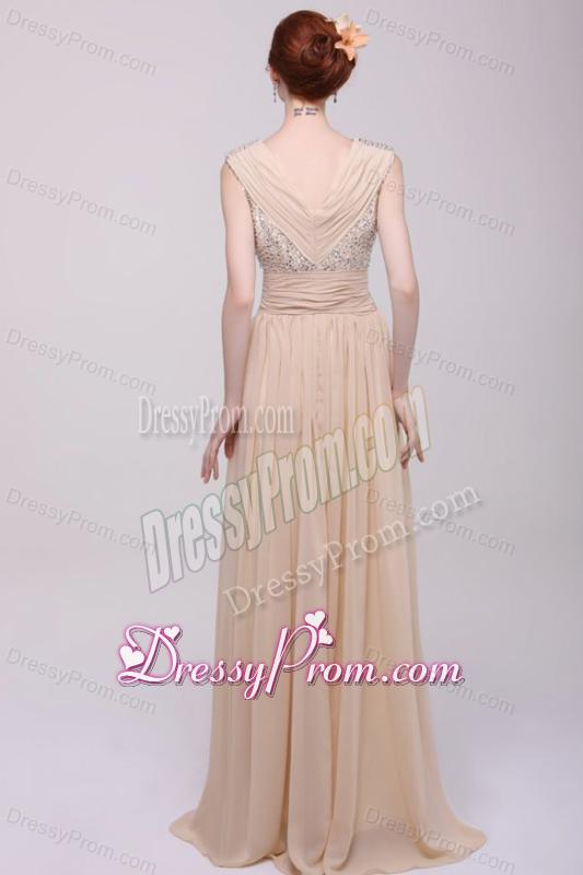 V-neck Empire Chiffon Beaded Decorate Brush Train Prom Dress