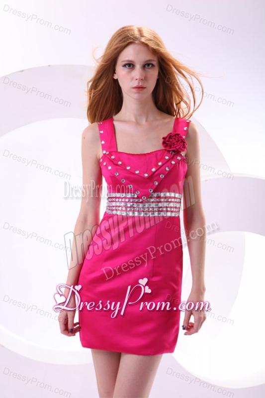 2014 Column Square Hot Pink Mini-length Beading Taffeta Prom Dress