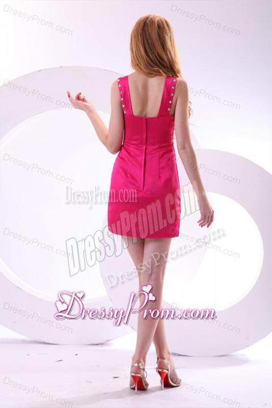 2014 Column Square Hot Pink Mini-length Beading Taffeta Prom Dress
