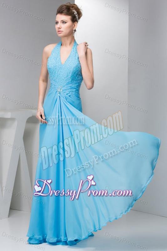 2014 Spring Aqua Blue Empire Halter Beading Chiffon Prom Dress