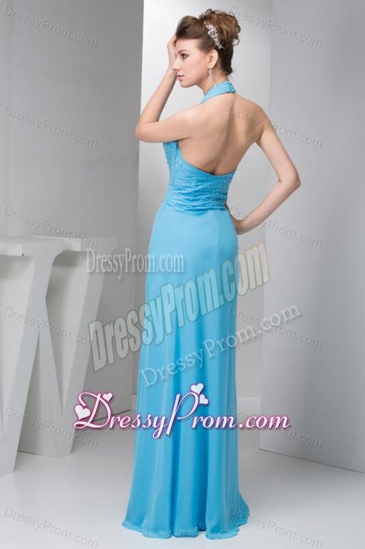 2014 Spring Aqua Blue Empire Halter Beading Chiffon Prom Dress