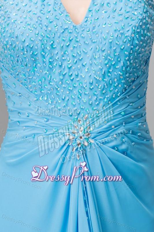 2014 Spring Aqua Blue Empire Halter Beading Chiffon Prom Dress