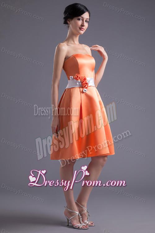 A-line Orange Red Strapless Sash Knee-length Satin Prom Dress