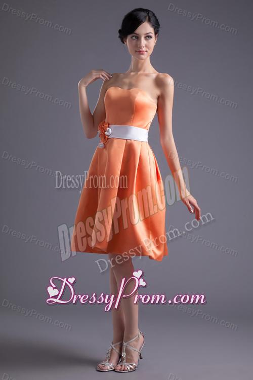 A-line Orange Red Strapless Sash Knee-length Satin Prom Dress