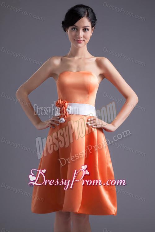 A-line Orange Red Strapless Sash Knee-length Satin Prom Dress