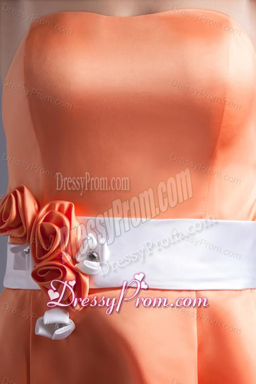 A-line Orange Red Strapless Sash Knee-length Satin Prom Dress