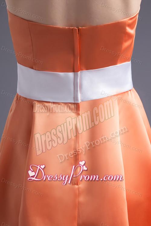 A-line Orange Red Strapless Sash Knee-length Satin Prom Dress