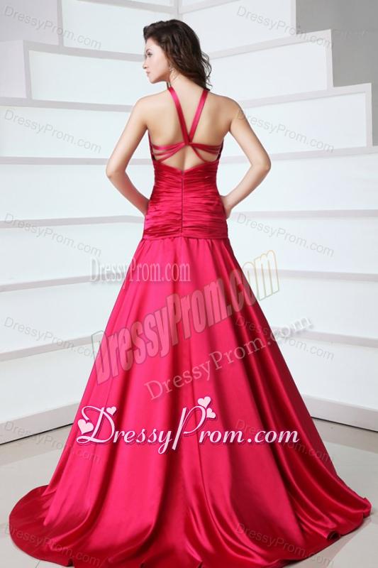 A-line Red Halter Top Neck Beading Prom Dress with Court Train
