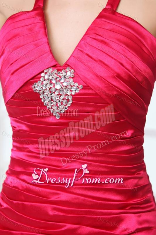 A-line Red Halter Top Neck Beading Prom Dress with Court Train
