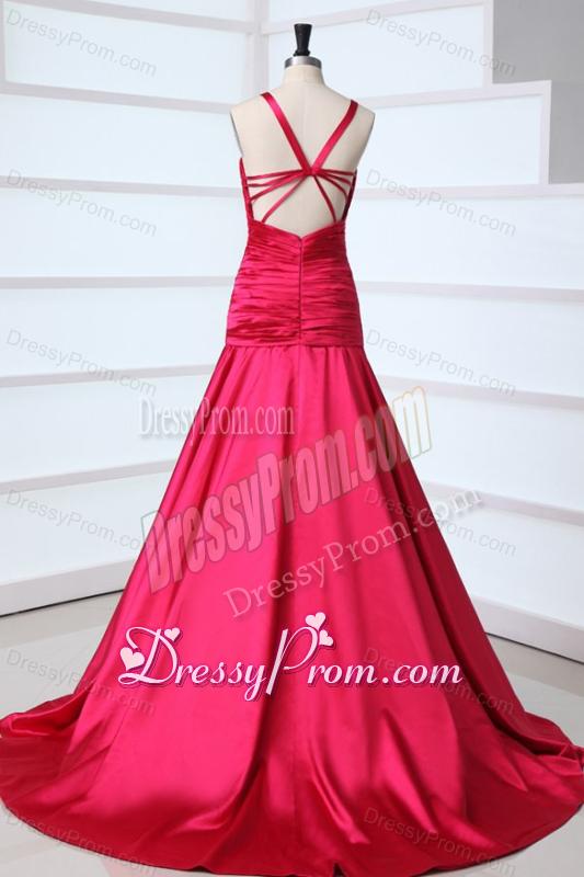 A-line Red Halter Top Neck Beading Prom Dress with Court Train